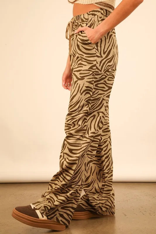 Taupe zebra print linen wide leg pants by Very J, featuring a relaxed fit and animal print pattern for casual or chic outfits.