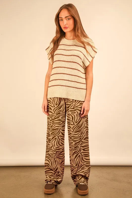 Taupe zebra print linen wide-leg pants by Very J, featuring animal print design and relaxed fit for casual or stylish wear.