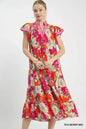 Trendsi Umgee Mix Bold Floral Tiered Midi Dress with vibrant floral pattern and flowing layered skirt.