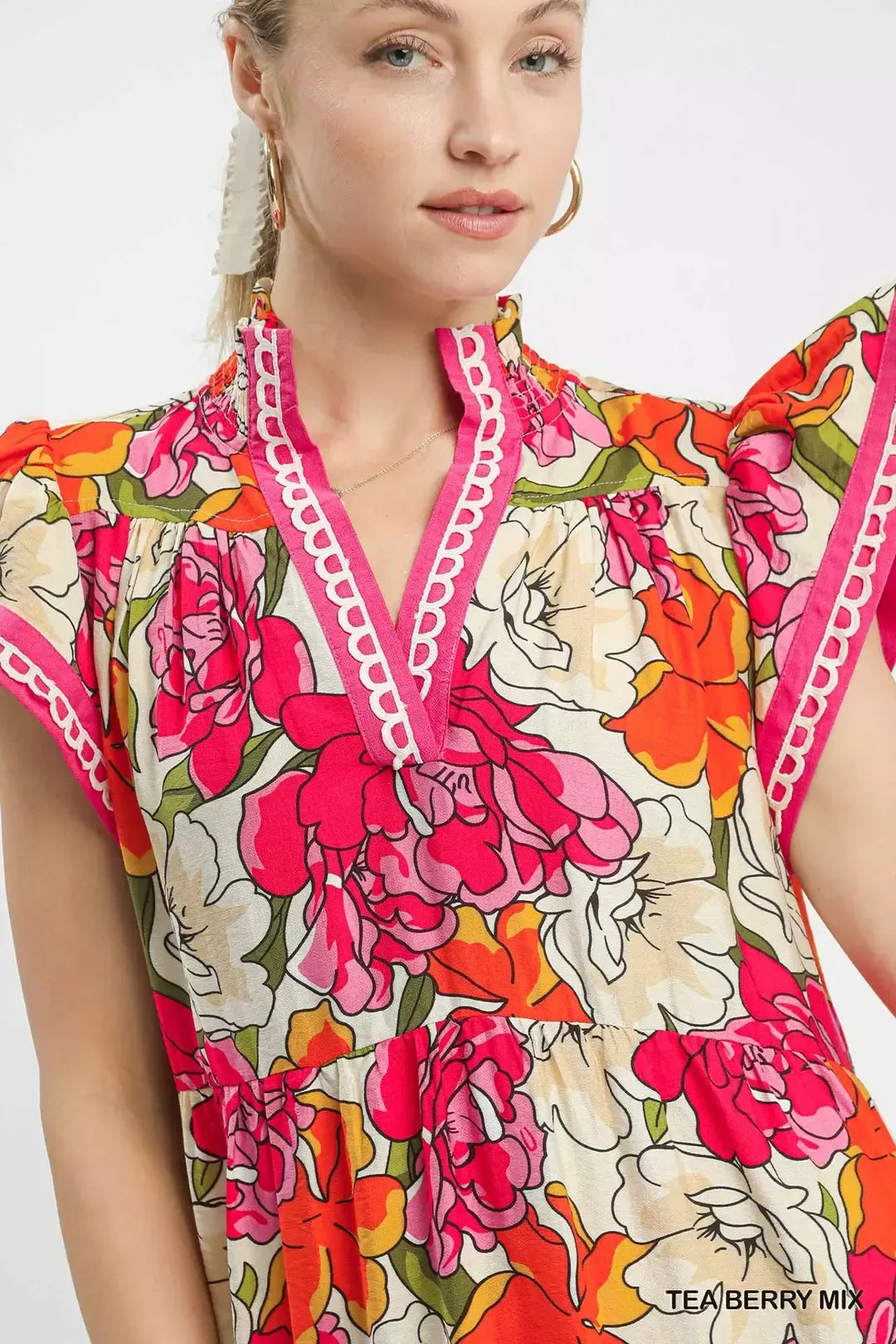 Trendsi Umgee Mix Bold Floral Tiered Midi Dress with vibrant floral pattern and flowing tiered skirt, perfect for spring or summer.