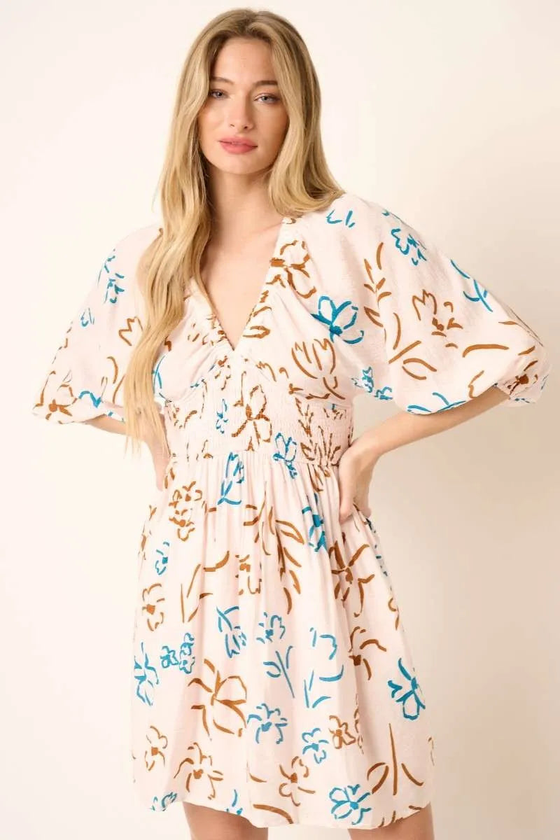 Teal flower print mini dress with mocked waist from Mittoshop by Trendsi, featuring a fitted silhouette and vibrant floral details.