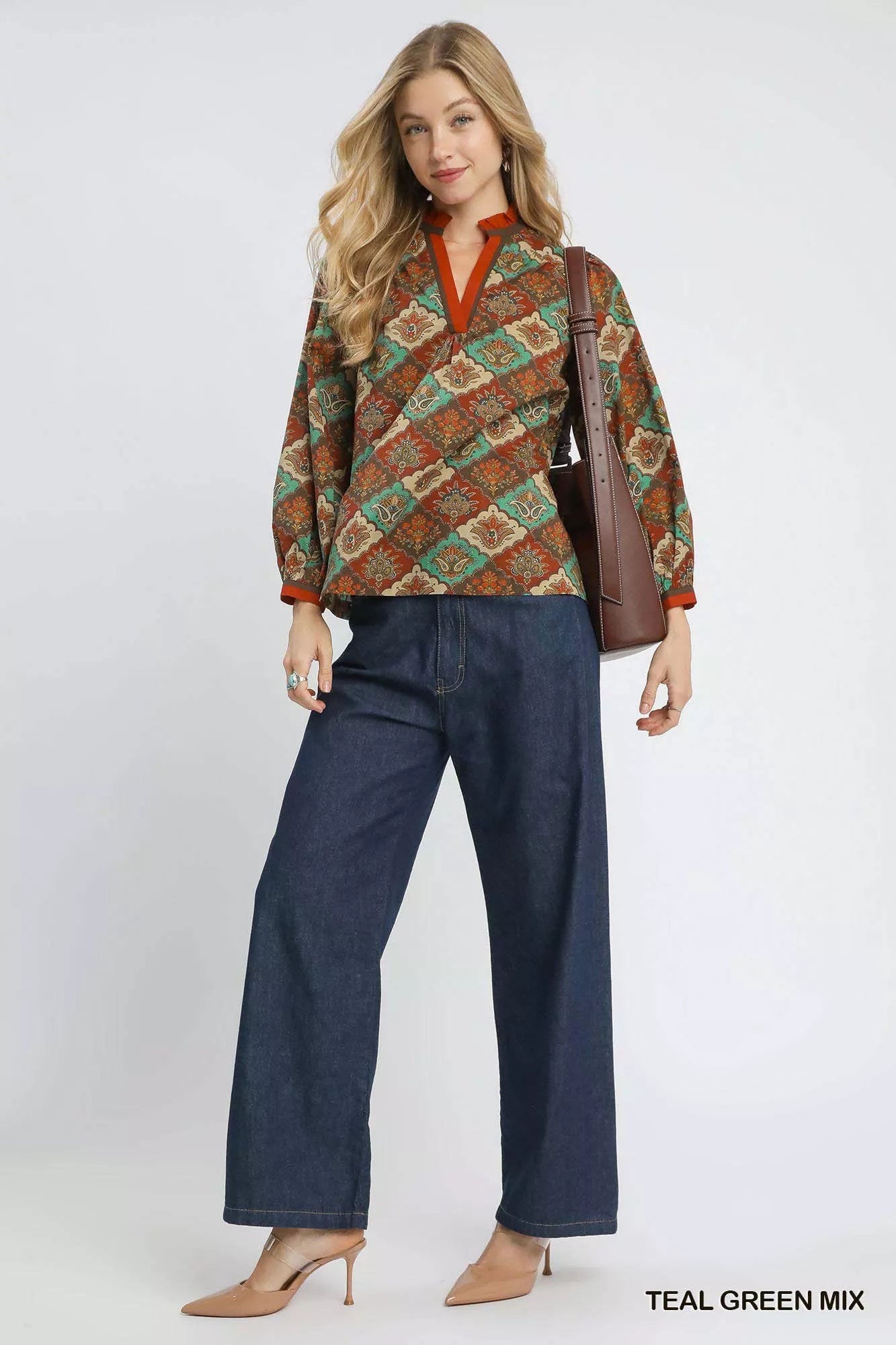 Teal green Mix Umgee abstract print ruffle neck top with long sleeves, casual chic blouse for women.