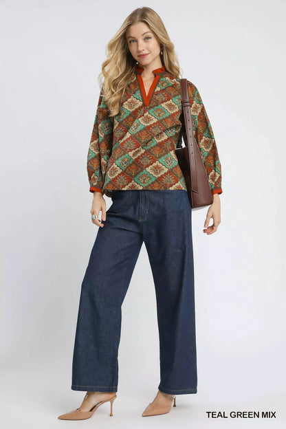 Teal green Mix Umgee abstract print ruffle neck top with long sleeves, casual chic blouse for women.