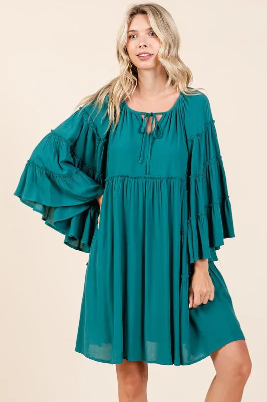 Teal green Mittoshop bell sleeve dress with frill tie neck, long sleeves, and a stylish, flowy silhouette.