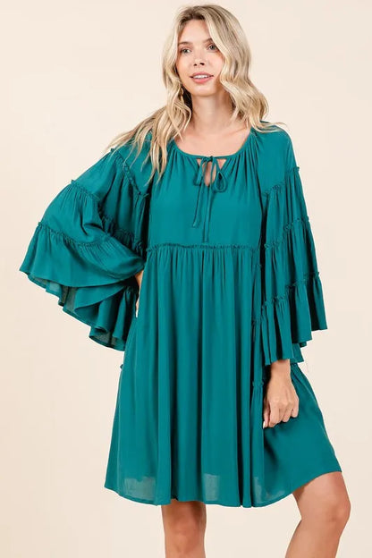 Teal green Mittoshop bell sleeve dress with frill tie neck, long sleeves, and a stylish, flowy silhouette.