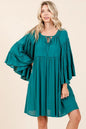 Teal green Mittoshop bell sleeve dress with frill tie neck, long sleeves, and a stylish, flowy silhouette.