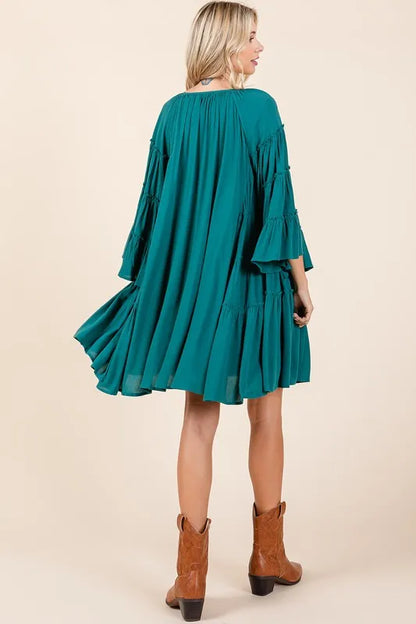 Teal green Mittoshop bell sleeve dress with tie neck and frill details, stylish and flowy for casual or semi-formal occasions.