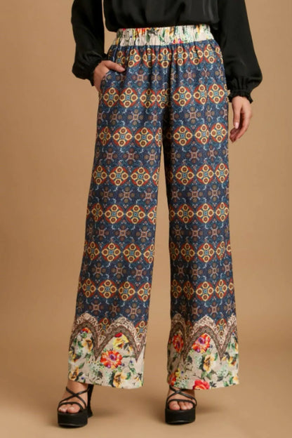 Trendsi Umgee full-size mixed print elastic waistband pants in teal, plus size with comfortable, stylish design