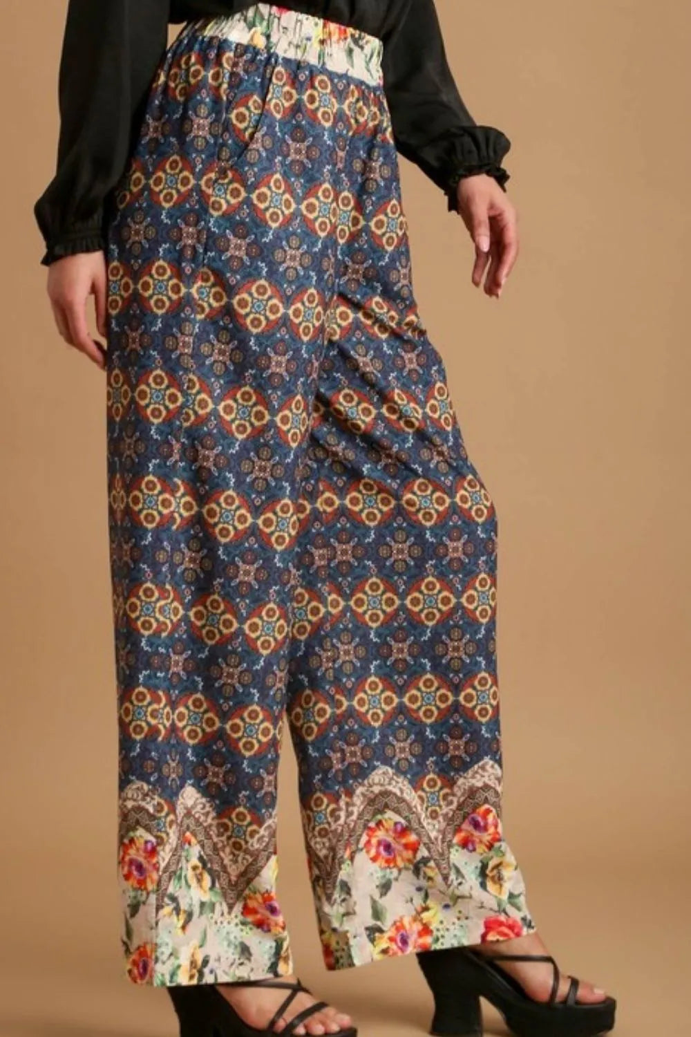 Plus size Umgee mixed print elastic waistband pants in teal, featuring a comfortable fit and stylish design.