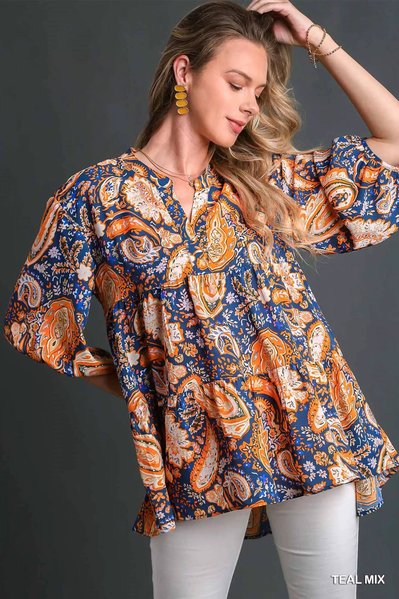 Teal Umgee Mix Paisley Boho Tunic Blouse with long sleeves and relaxed fit, stylish and lightweight for casual wear.