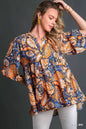 Teal Umgee Mix Paisley Boho Tunic Blouse with long sleeves and relaxed fit, stylish and lightweight for casual wear.