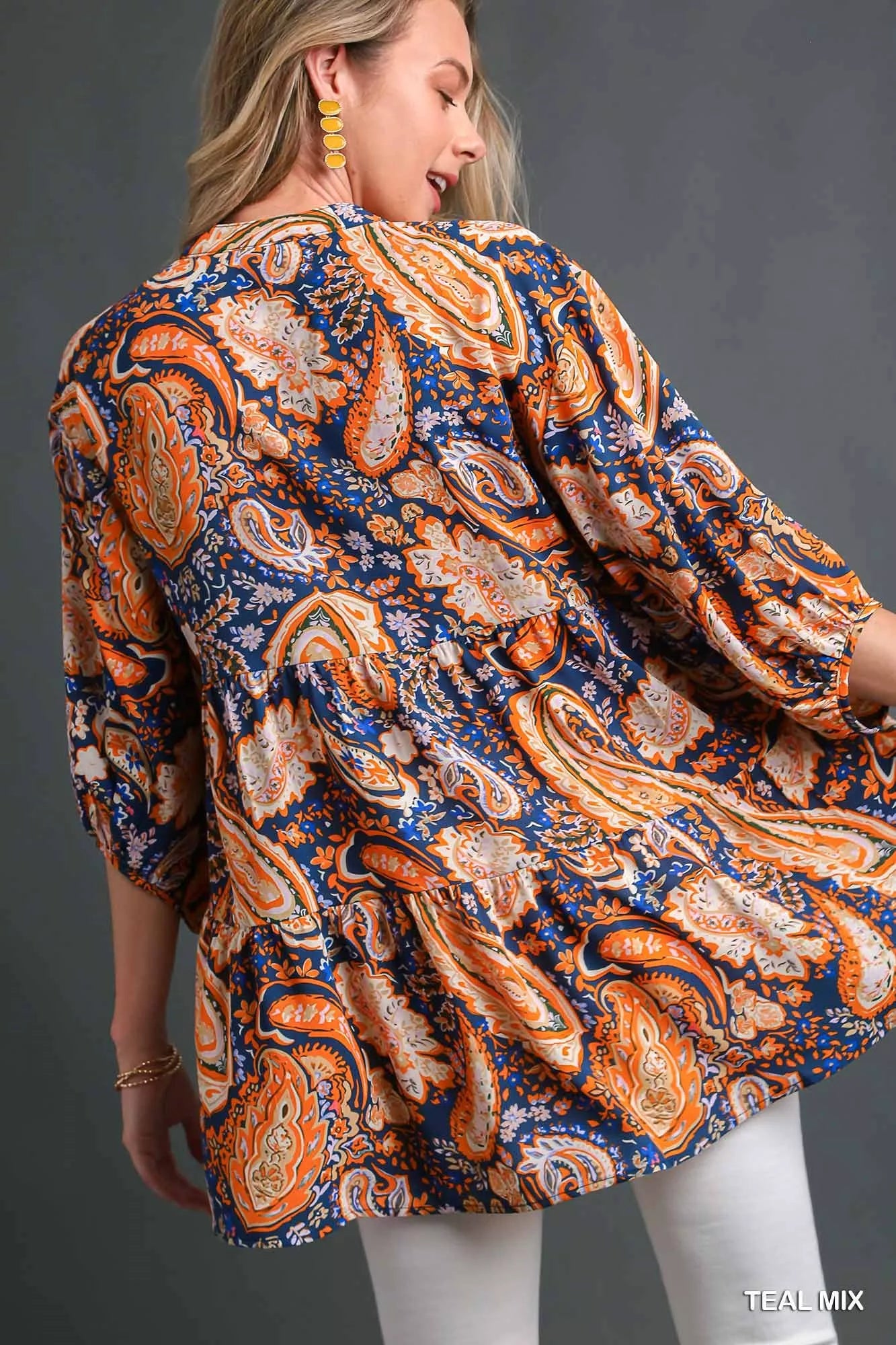 Teal Umgee Mix Paisley Boho Tunic Blouse with long sleeves and relaxed fit, featuring bohemian-inspired pattern and flowy fabric.