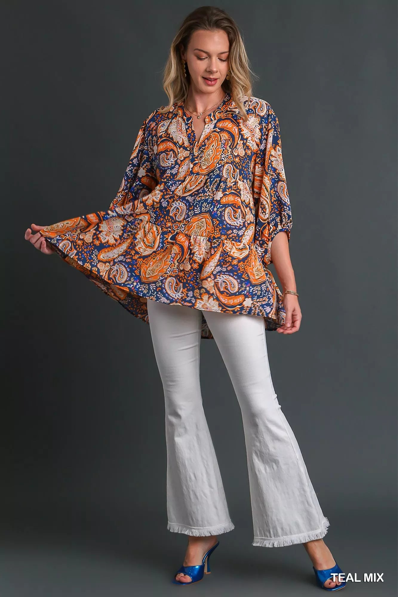Teal Umgee Mix Paisley Boho Tunic Blouse with long sleeves and relaxed fit, featuring vibrant paisley pattern for a bohemian style.