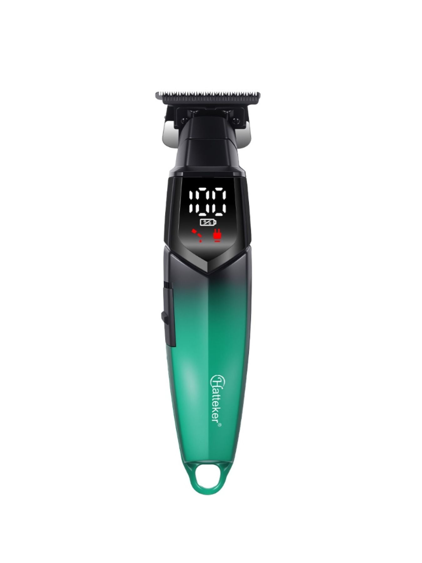 Teal cordless hair clipper with LED display, Trendsi brand, showing adjustable blades and ergonomic design for easy grooming.
