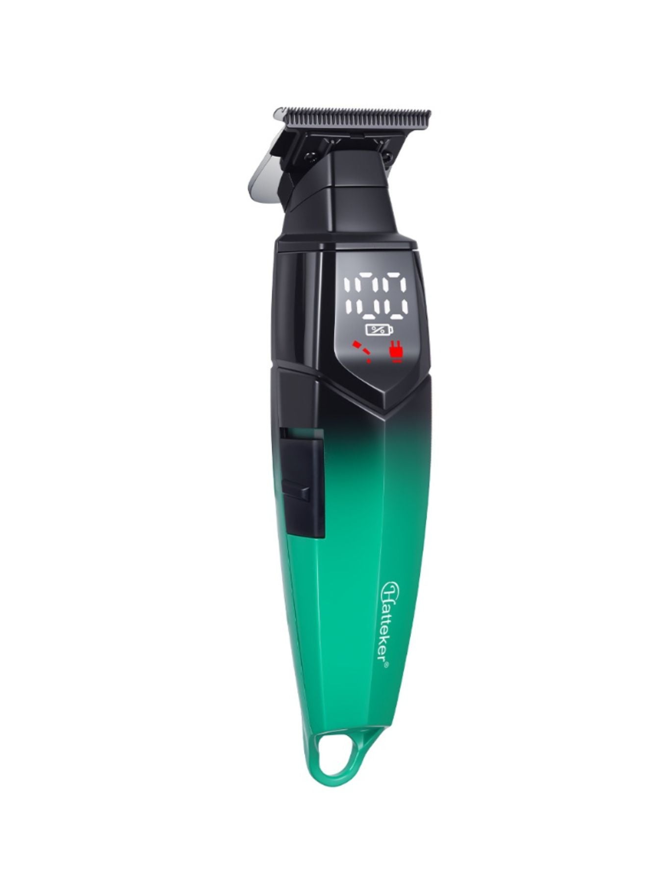 Teal cordless hair clipper with LED display and ergonomic design, ideal for precise grooming and easy handling.