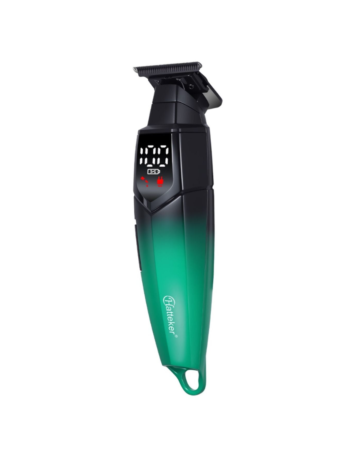 Teal cordless hair clipper with LED display and ergonomic design, ideal for precise hair trimming and grooming.