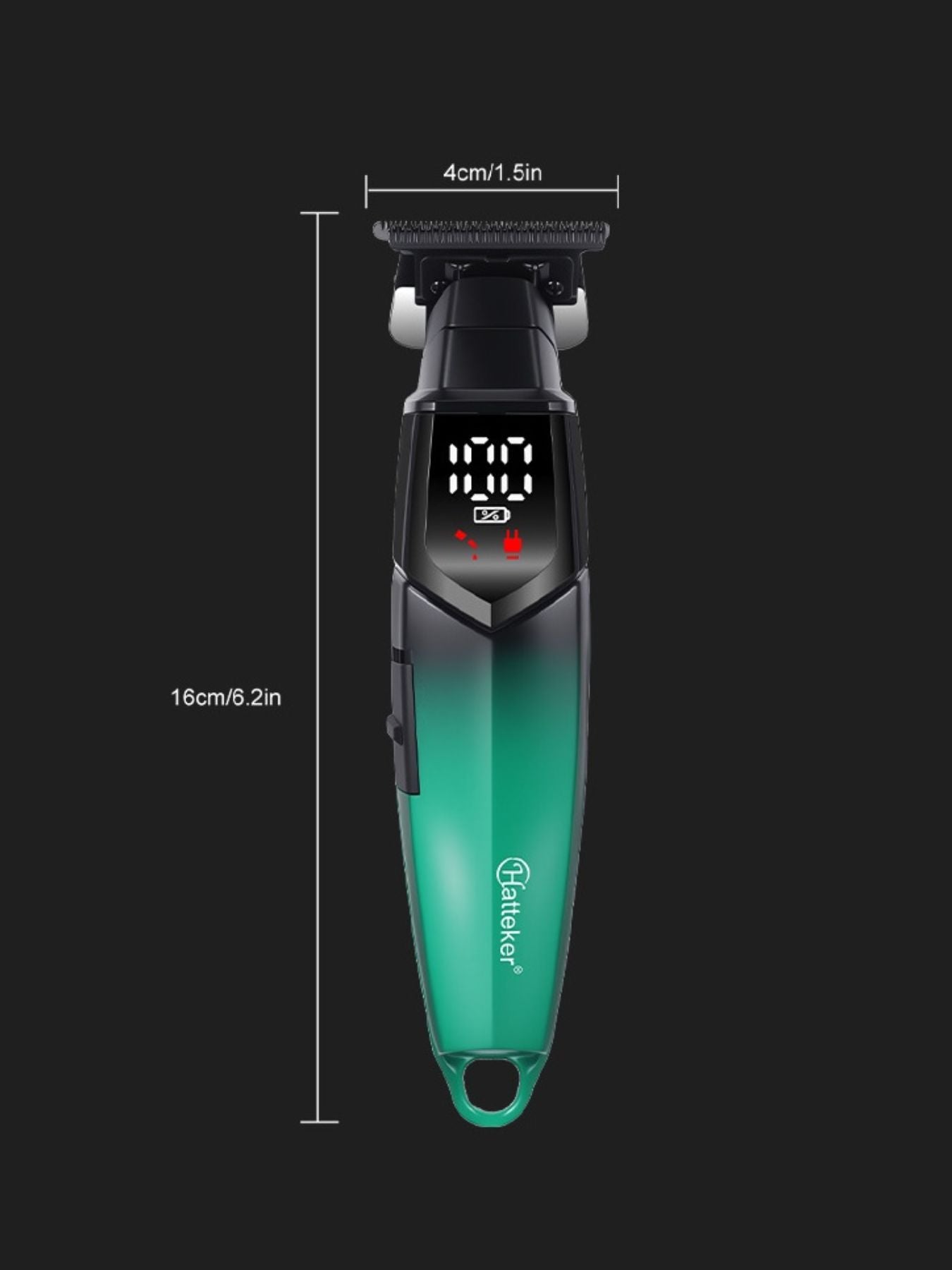 Trendi teal cordless hair clipper with LED display, compact design, and adjustable blades for easy grooming.
