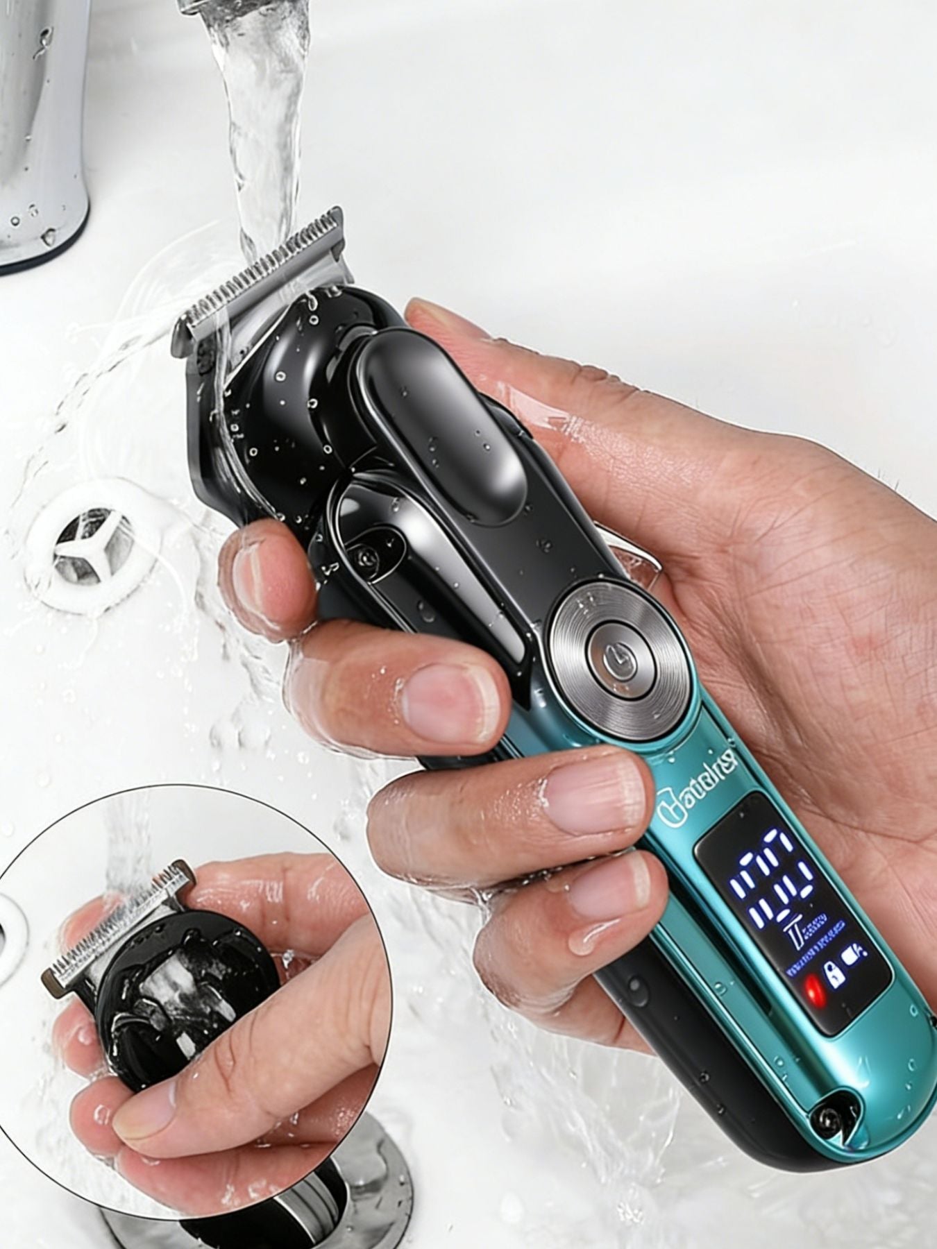 Teal cordless hair clipper with LED display from Trendsi, featuring a sleek design and adjustable blade settings.