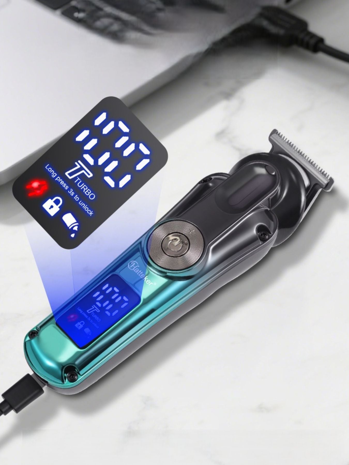 Teal cordless hair clipper with LED display and ergonomic design, suitable for precise hair trimming and styling.