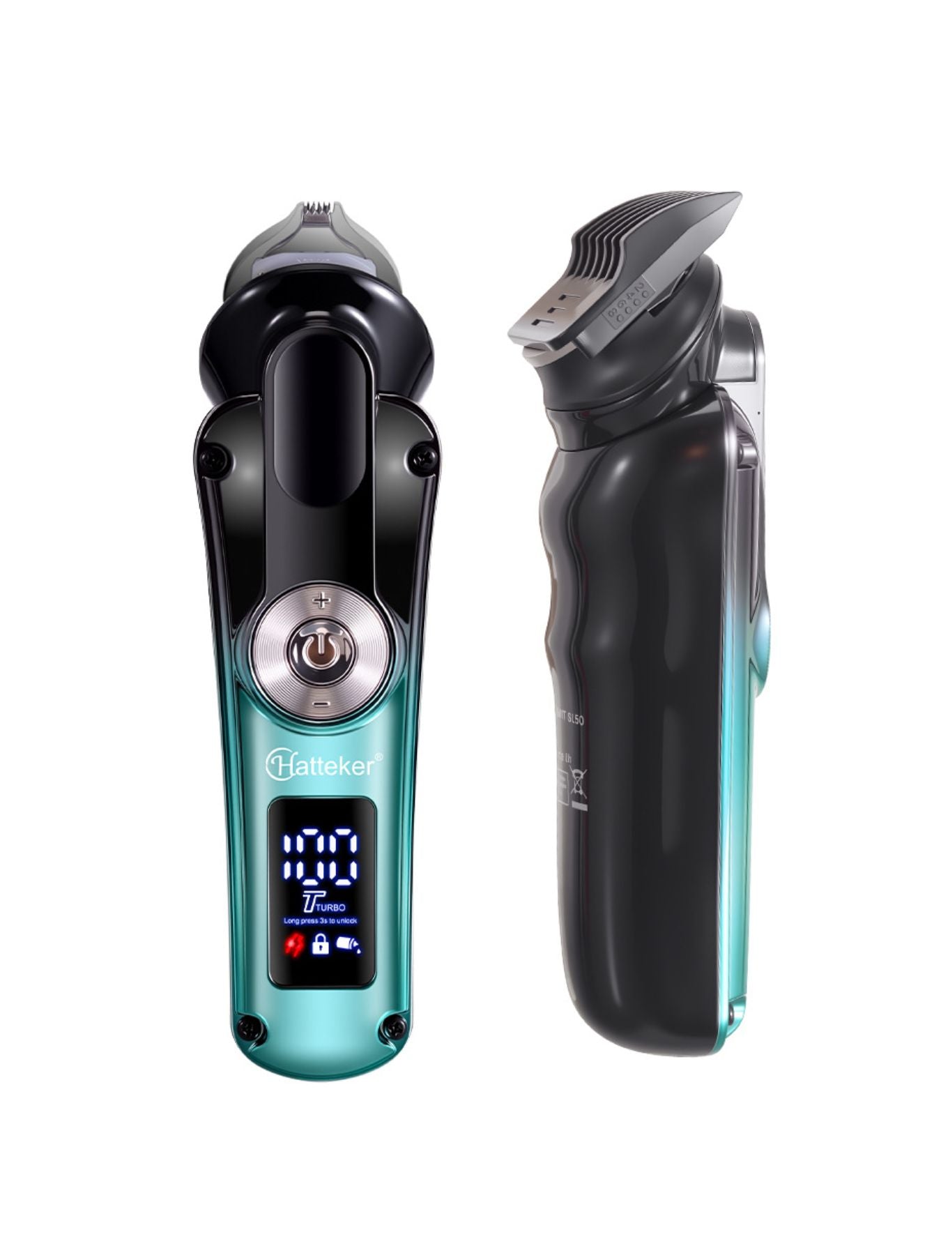 Teal cordless hair clipper with LED display and ergonomic design, ideal for precise grooming and easy battery monitoring.