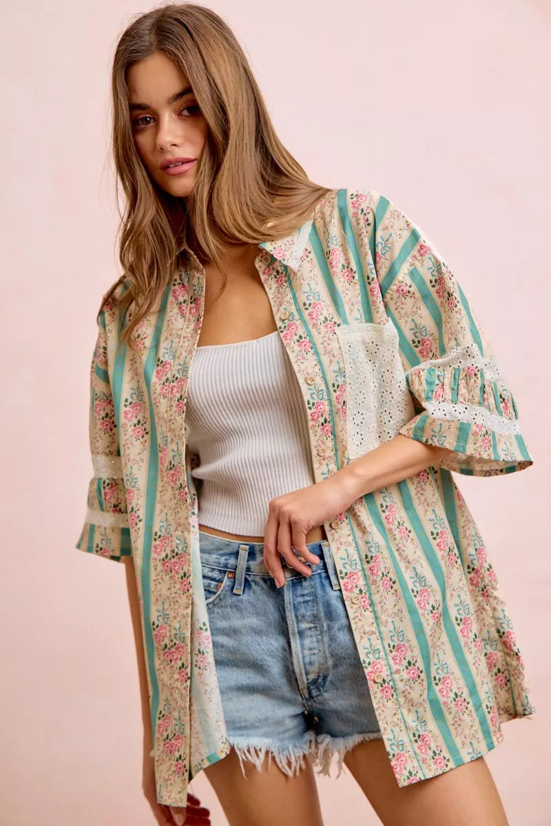 Teal BiBi eyelet lace and floral mix-and-match shirt top by Trendsi, featuring eyelet details and a floral pattern.
