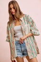 Teal BiBi eyelet lace and floral mix-and-match shirt top by Trendsi, featuring eyelet details and a floral pattern.