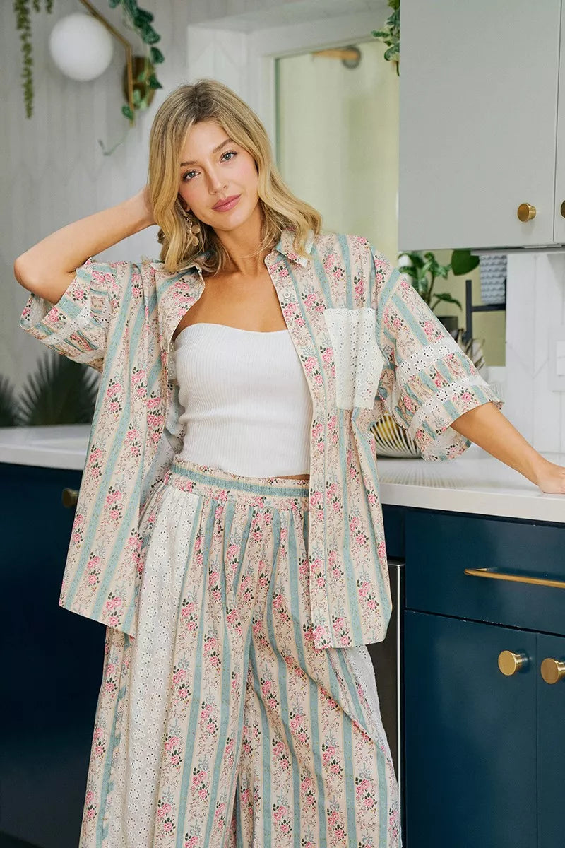 Trendsi teal BiBi eyelet lace and floral mix-and-match shirt top with eyelet details and floral pattern, casual and stylish.