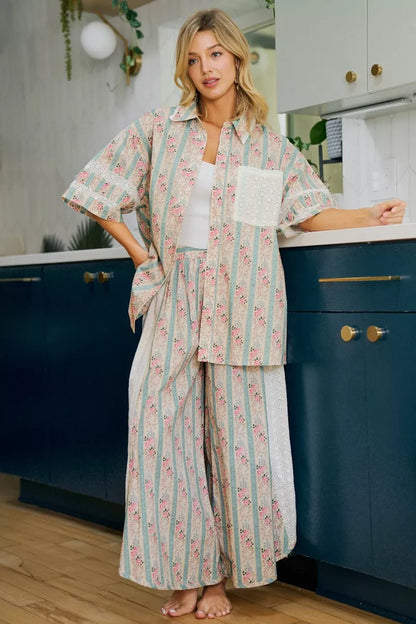 Teal BiBi eyelet lace and floral mix-and-match shirt top with long sleeves, casual style, and button front from Trendsi.