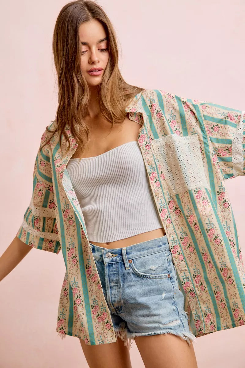 Teal BiBi eyelet lace and floral mix-and-match shirt top by Trendsi, featuring lace details and floral pattern.