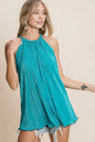 Teal BiBi Pleating Knit Halter Neck Top by Trendsi, featuring pleated fabric and a stylish halter neckline, shown on a model.