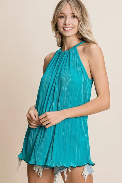 Teal BiBi Pleating Knit Halter Neck Top by Trendsi, featuring a stylish pleated design and a halter neckline on a model.