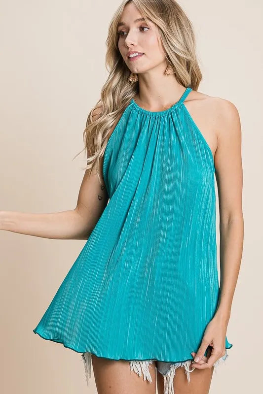 Teal BiBi Pleating Knit Halter Neck Top by Trendsi, featuring a stylish pleated design and halter neckline, shown on a model.