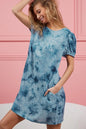 Teal tie-dye BiBi puff sleeve dress with side pockets by Trendsi, featuring a relaxed fit and stylish design.