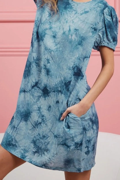 Teal tie dye BiBi puff sleeve dress with side pockets, casual and stylish from Trendsi.