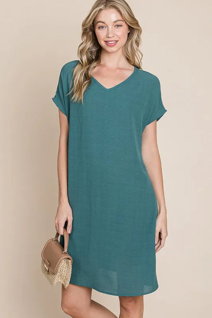 Teal BOMBOM V-Neck short sleeve dress with pockets, casual fit, from Trendsi, featuring a stylish and comfortable design.