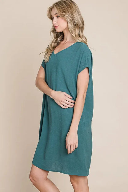 Teal BOMBOM V-neck short sleeve dress with pockets by Trendsi, featuring a relaxed fit and casual style.