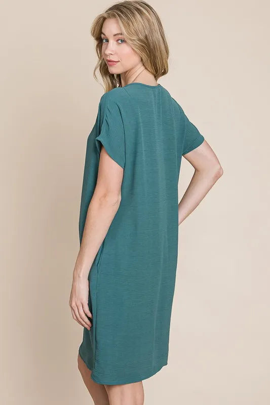 Teal BOMBOM V-neck short sleeve dress with pockets by Trendsi, featuring a relaxed fit and casual style.