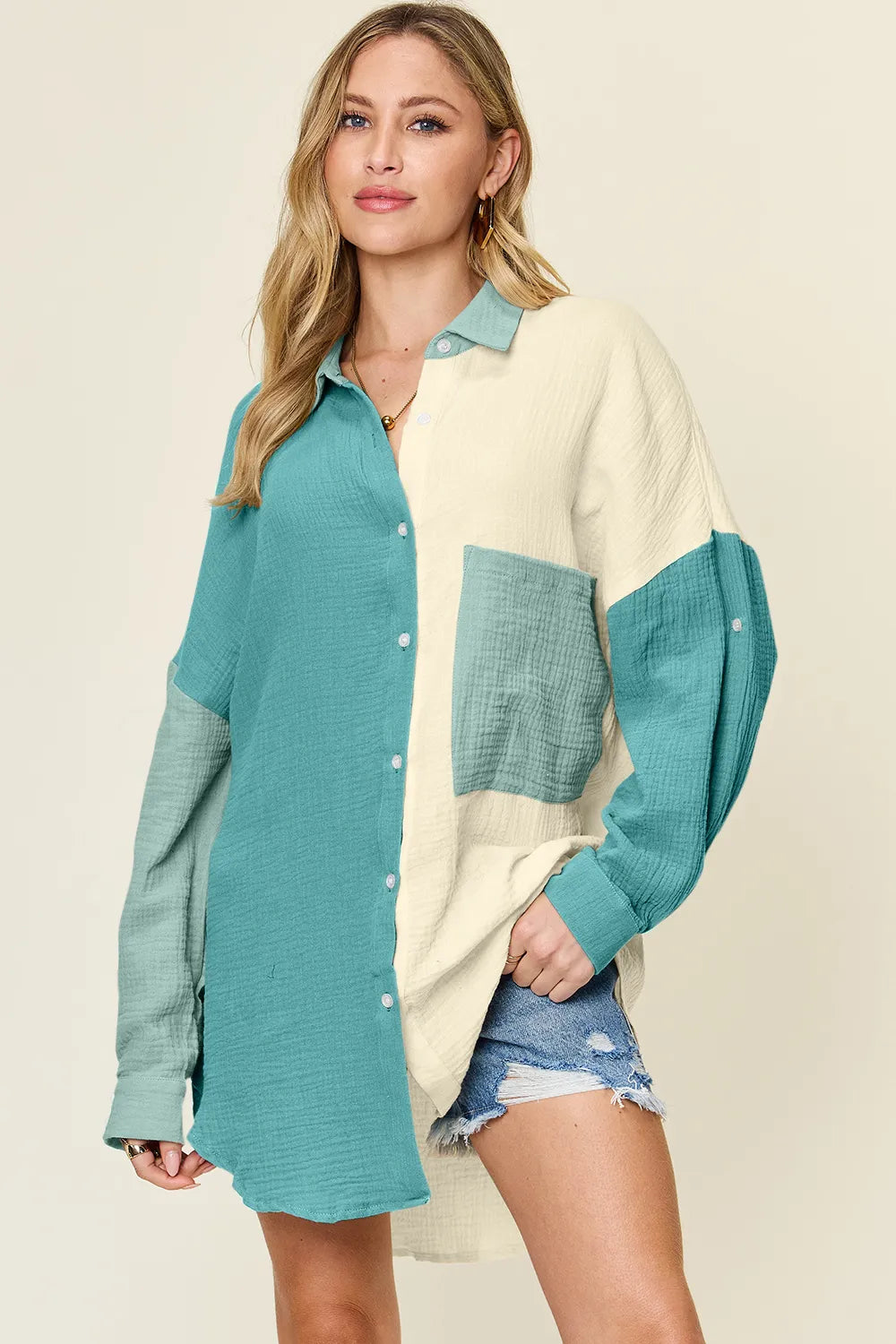 Teal double take full-size pocketed texture button-up shirt by Trendsi, featuring a stylish, textured fabric and classic collar.