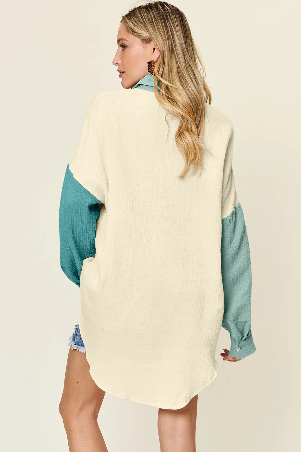 Teal Trendsi Double Take full-size pocketed texture button-up shirt, featuring a stylish design and button-front closure.
