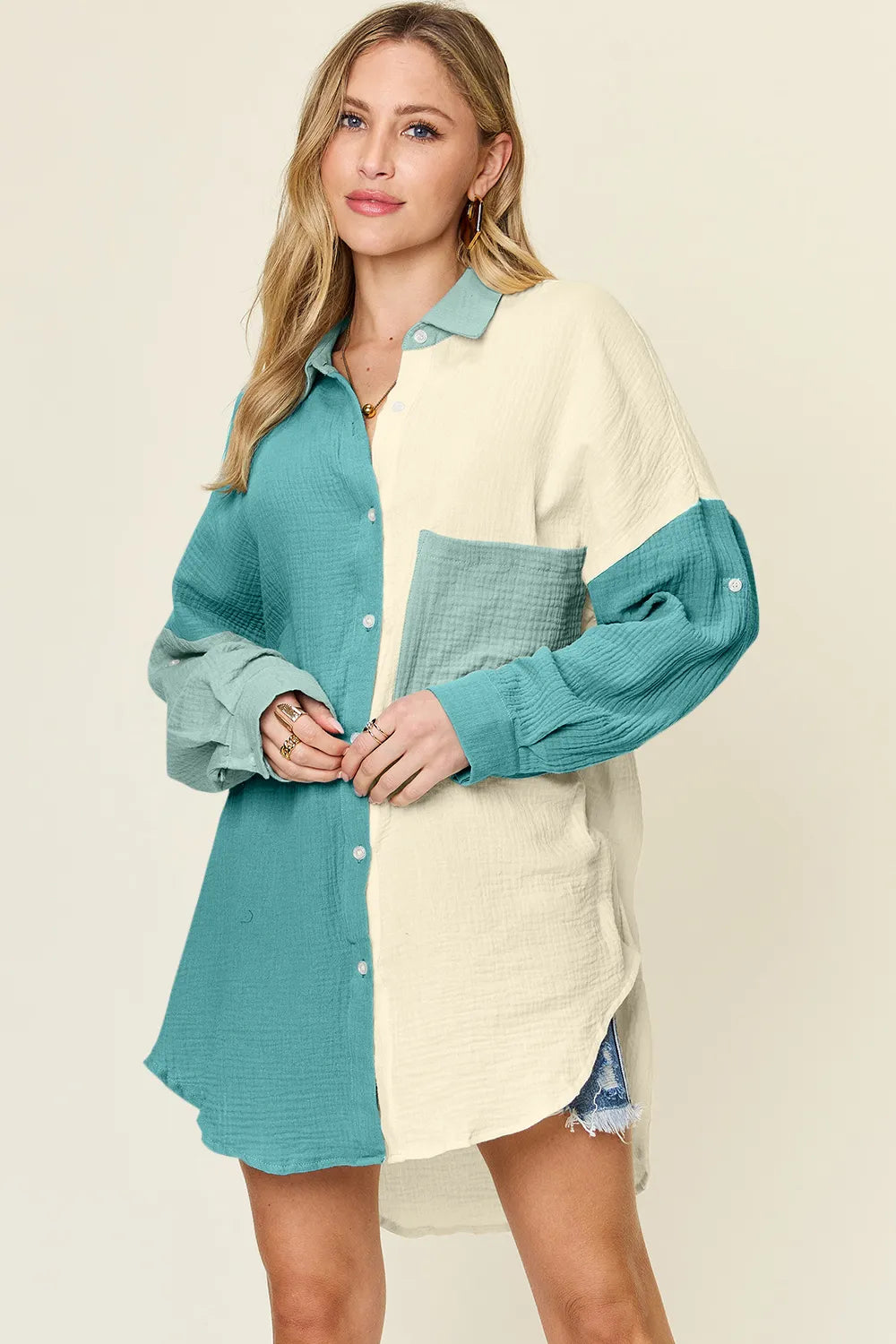 Teal Double Take full-size pocketed texture button-up shirt by Trendsi, featuring a classic collar and long sleeves.