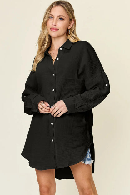 Teal Double Take full-size pocketed texture button-up shirt by Trendsi, shown on a hanger with detailed fabric texture.