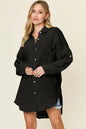 Teal Double Take full-size pocketed texture button-up shirt by Trendsi, shown on a hanger with detailed fabric texture.