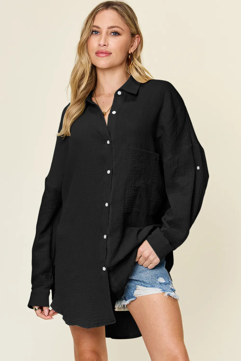 Teal double take full-size pocketed texture button-up shirt by Trendsi, featuring a stylish design and button front.