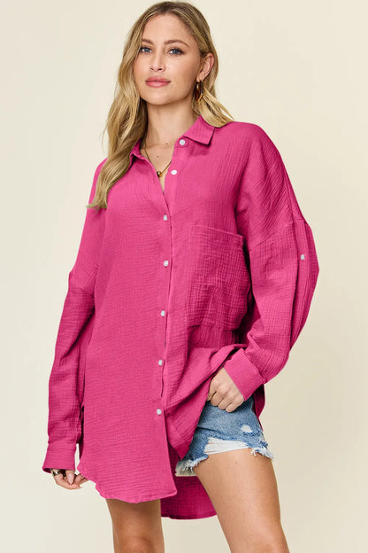 Teal double take full-size pocketed texture button-up shirt by Trendsi, featuring a stylish design and button front.