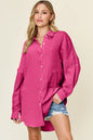 Teal double take full-size pocketed texture button-up shirt by Trendsi, featuring a stylish design and button front.