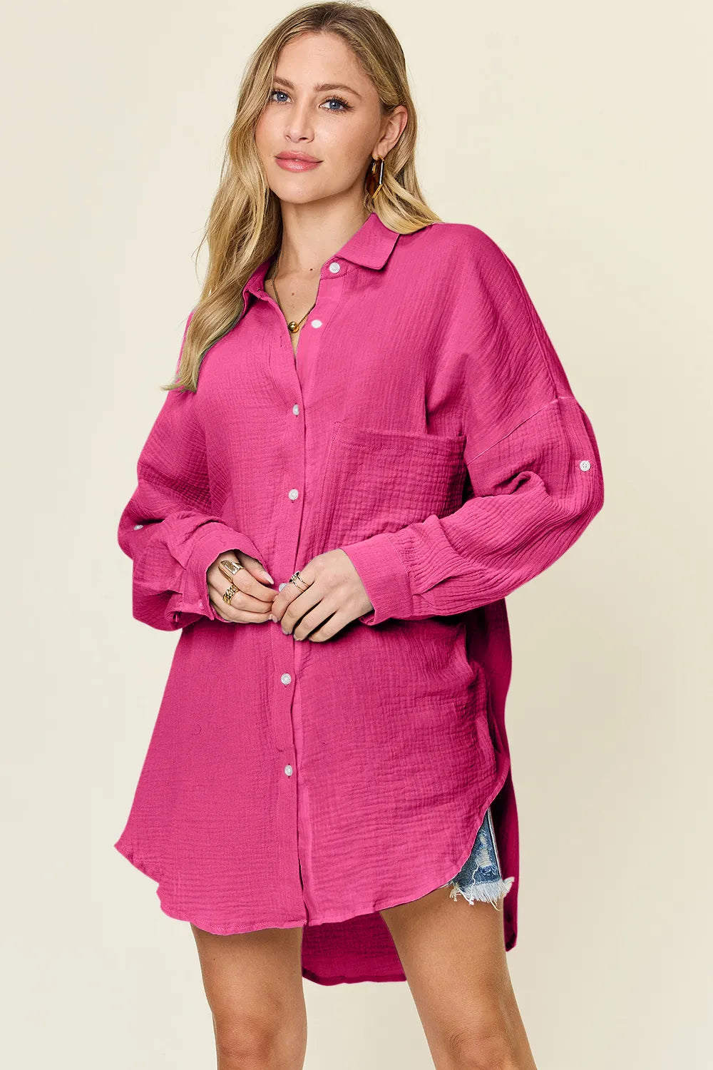 Teal double take full-size pocketed textured button-up shirt by Trendsi, featuring a classic collar and long sleeves.
