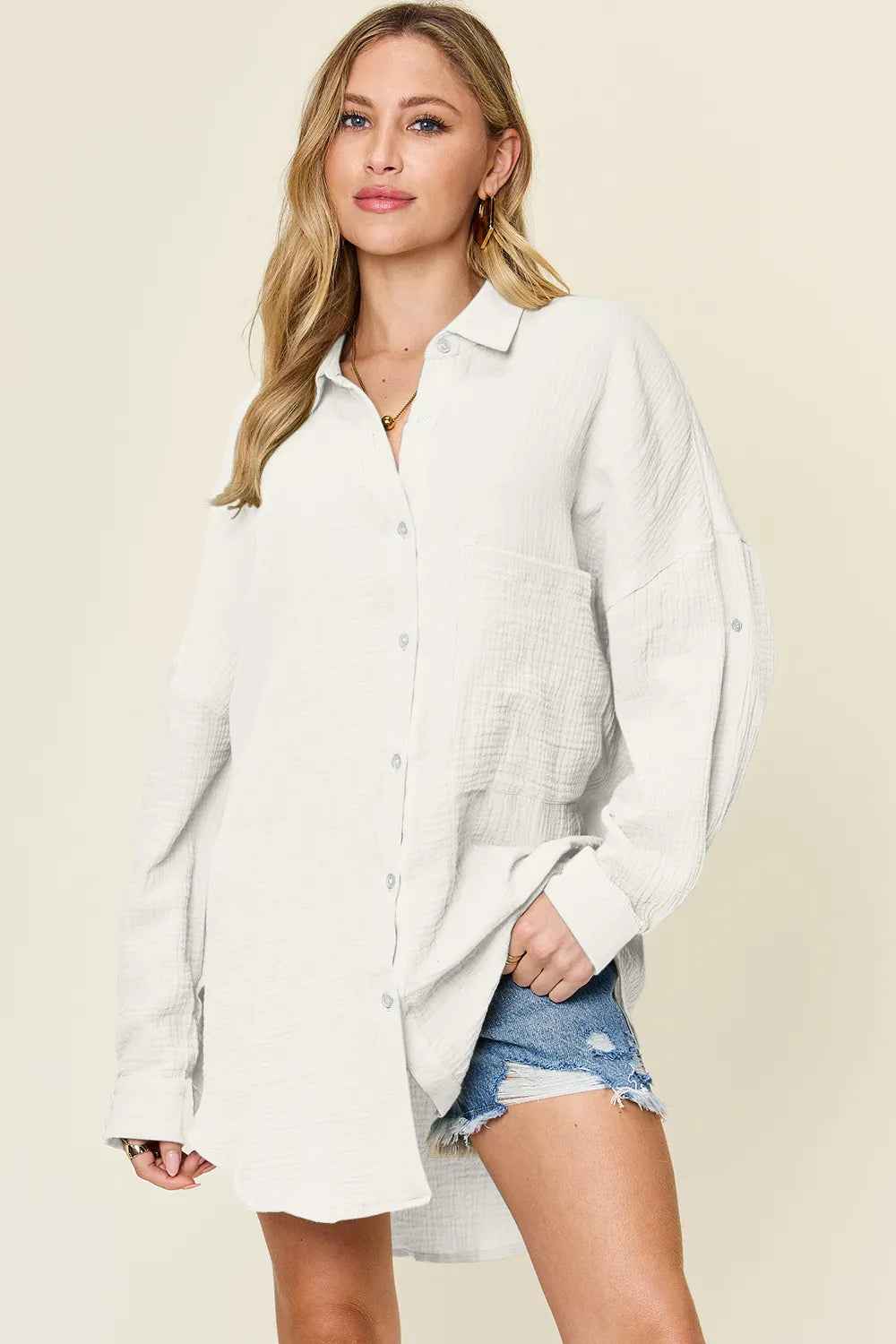 Teal Double Take full-size pocketed texture button-up shirt by Trendsi, featuring a classic collar and button front.