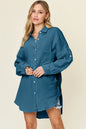 Teal Trendsi Double Take full-size pocketed texture button-up shirt displayed on a model.