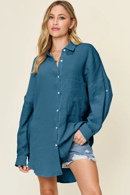 Teal Trendsi Double Take full-size pocketed texture button-up shirt, showing front view with collar and button details.