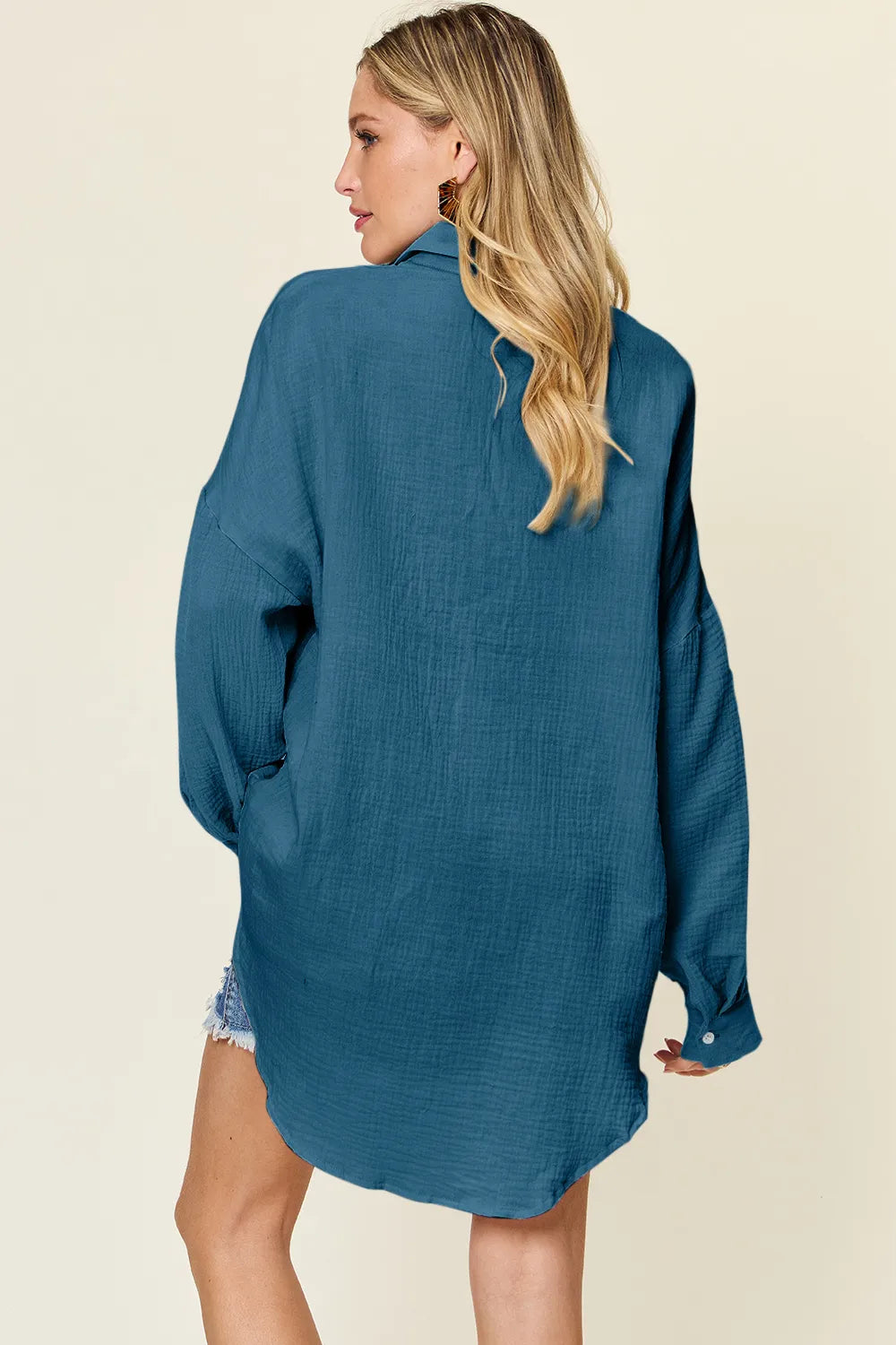 Teal double take full-size pocketed texture button-up shirt by Trendsi, featuring a stylish, structured design and front pocket.